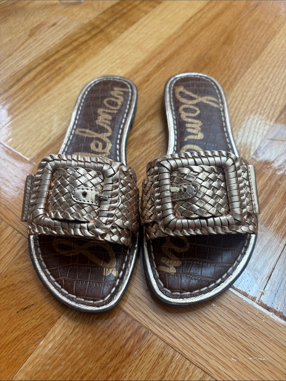 Sam Edelman Metallic Gold Woven Buckle Slide Mules